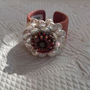 Pearl Flower Statement Cuff Bracelet - Pink